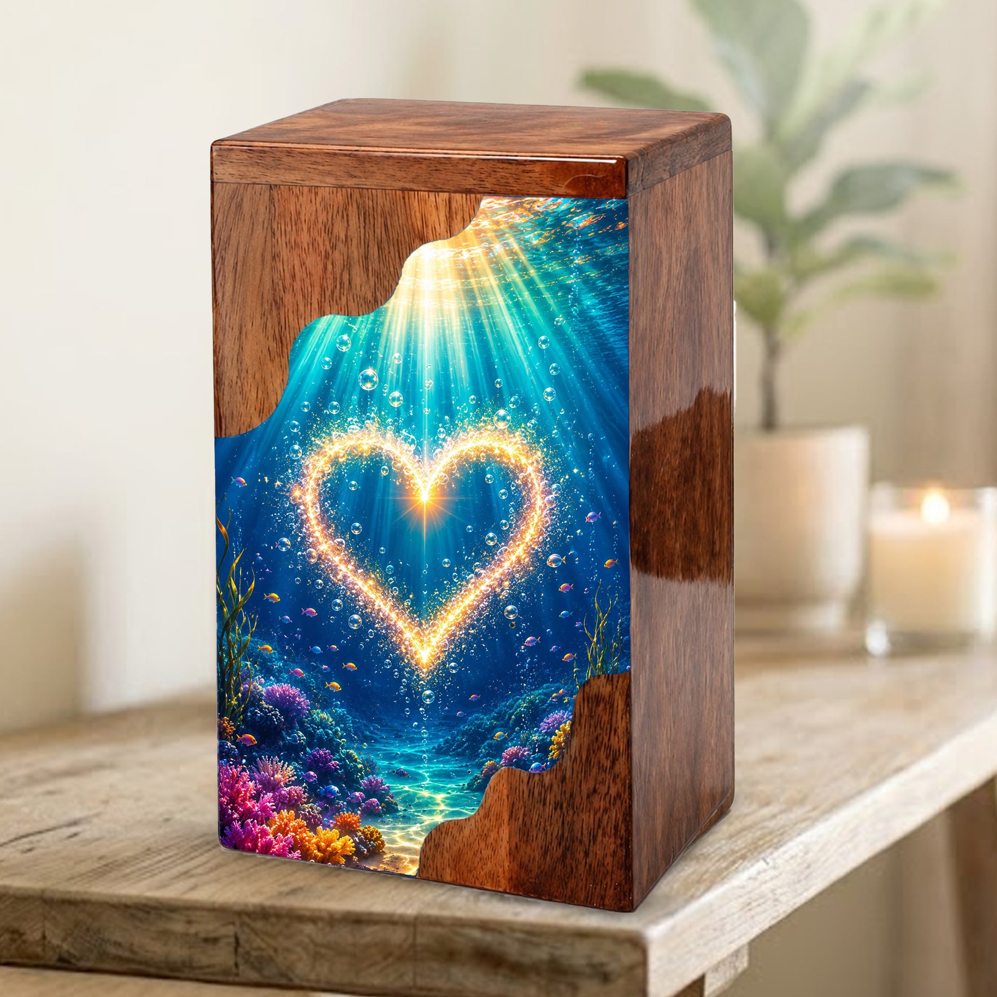 Personalized Ocean Heart Wooden Cremation Urn – Custom Memorial Urn with Underwater Heart