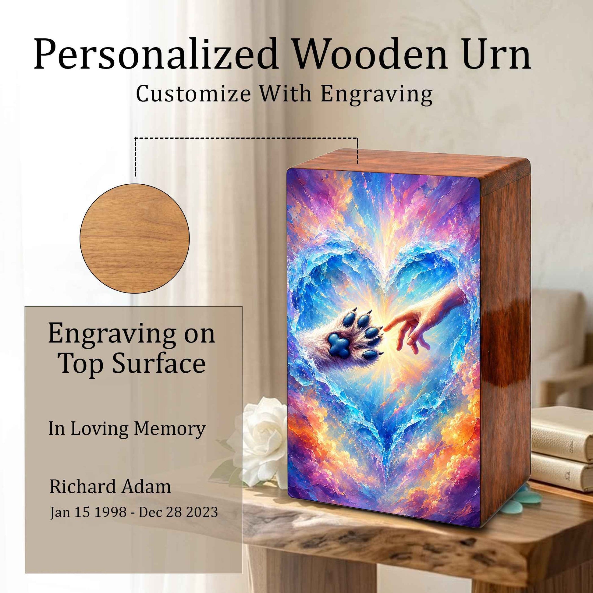Wooden Pet Cremation Urn – Heartwarming Paw and Hand Memorial Tribute