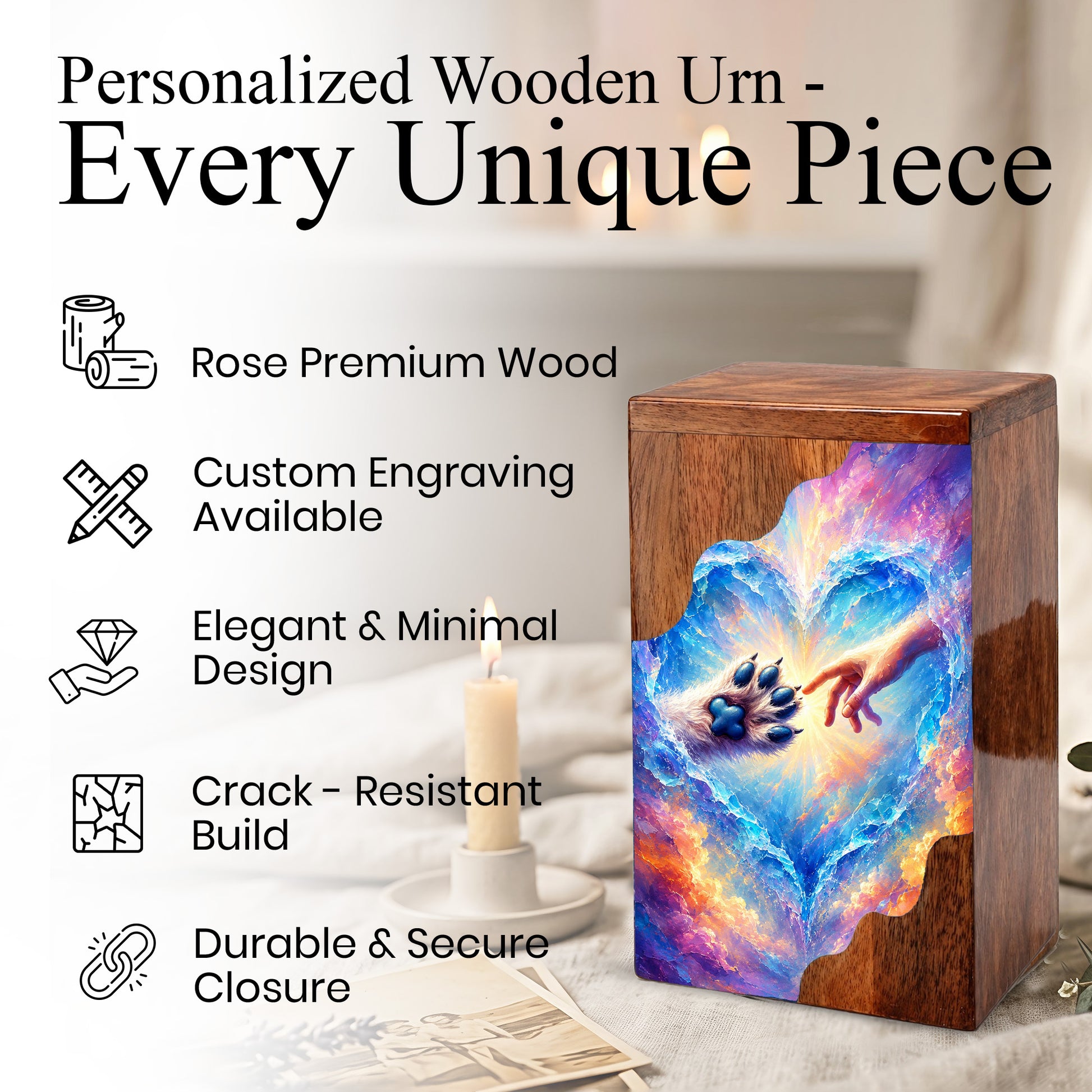 Rainbow Bridge Paw Wooden Cremation Urn – Personalized Pet Memorial Urn | Wooden Dog Urn for Ashes