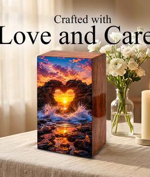 Ocean Wave Heart Urn – Sunset Beach Wooden Urn Box for Human Ashes