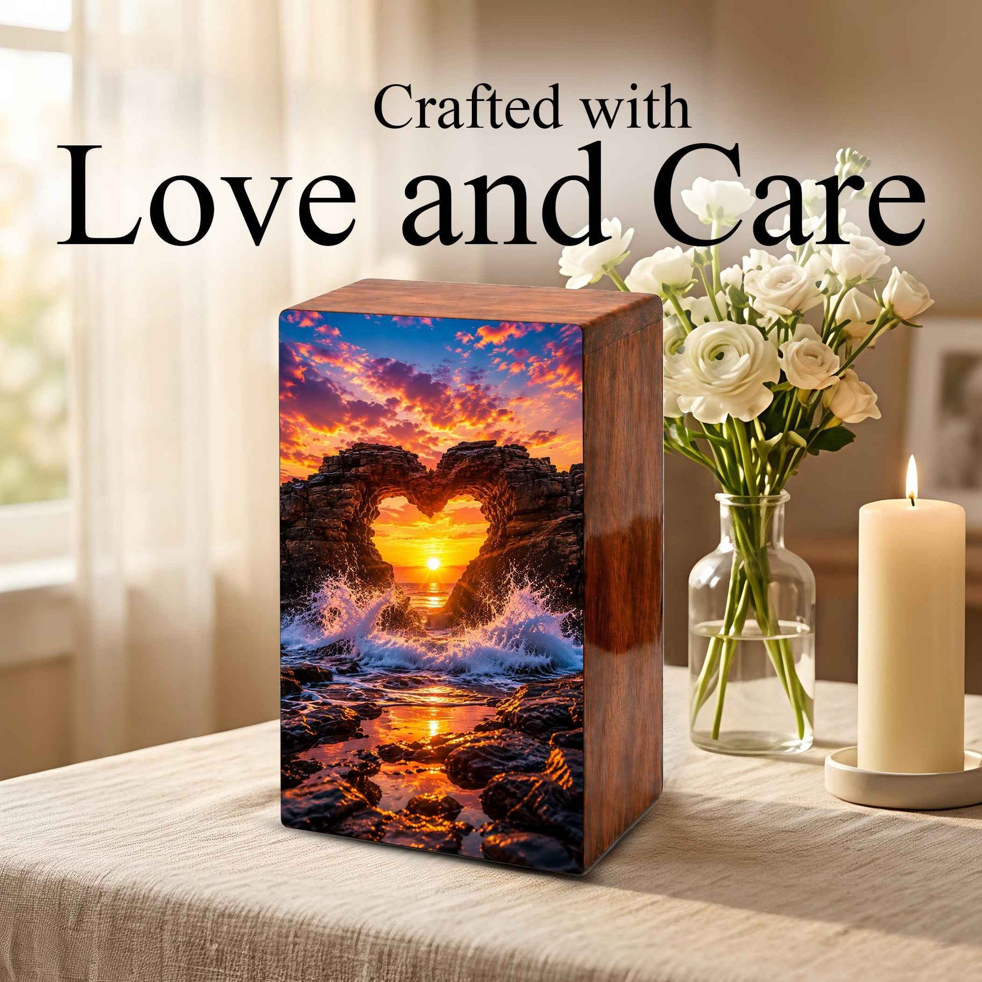 Ocean Wave Heart Urn – Sunset Beach Wooden Urn Box for Human Ashes