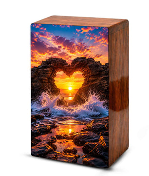 Ocean Wave Heart Urn – Sunset Beach Wooden Urn Box for Human Ashes