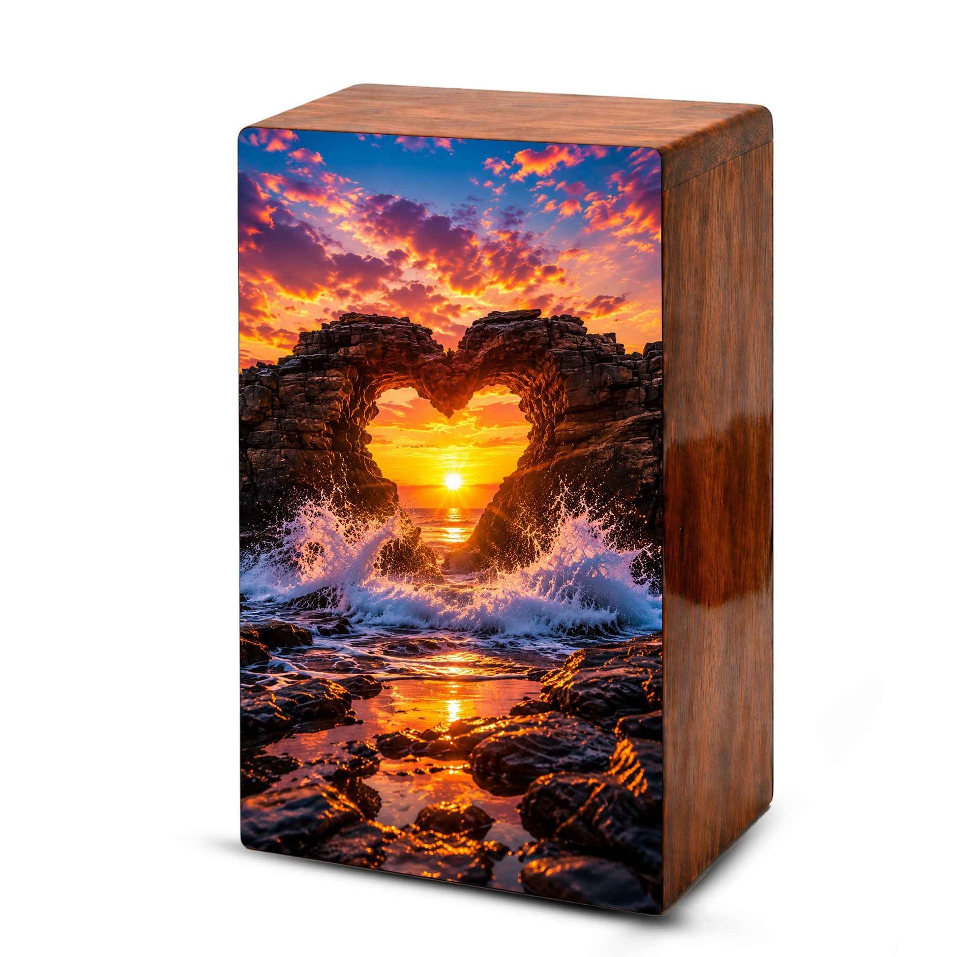 Ocean Wave Heart Urn – Sunset Beach Wooden Urn Box for Human Ashes
