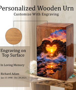 Ocean Sunset Wooden Cremation Urn – Coastal Memorial Urn with Heart Rock Formation