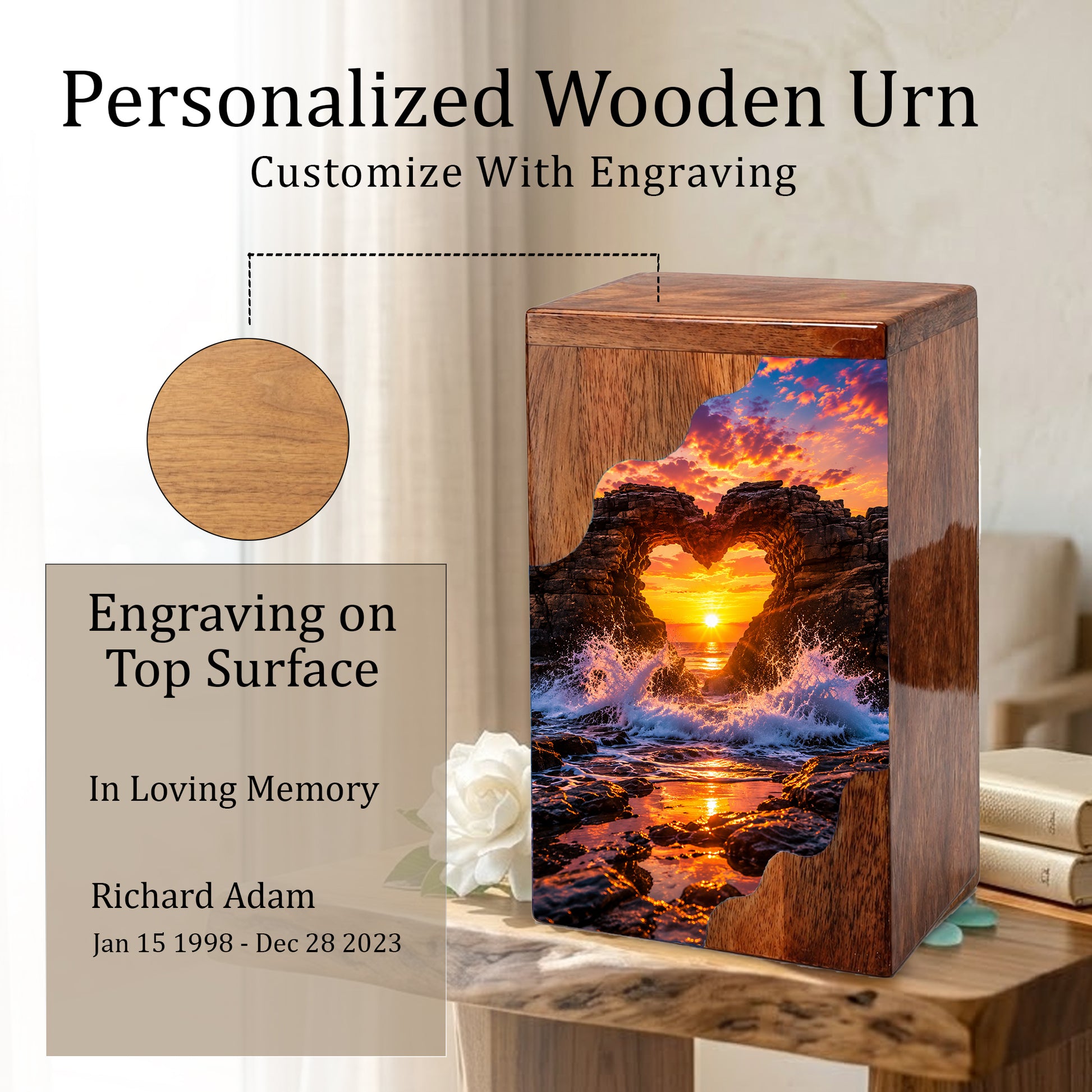 Ocean Sunset Wooden Cremation Urn – Coastal Memorial Urn with Heart Rock Formation