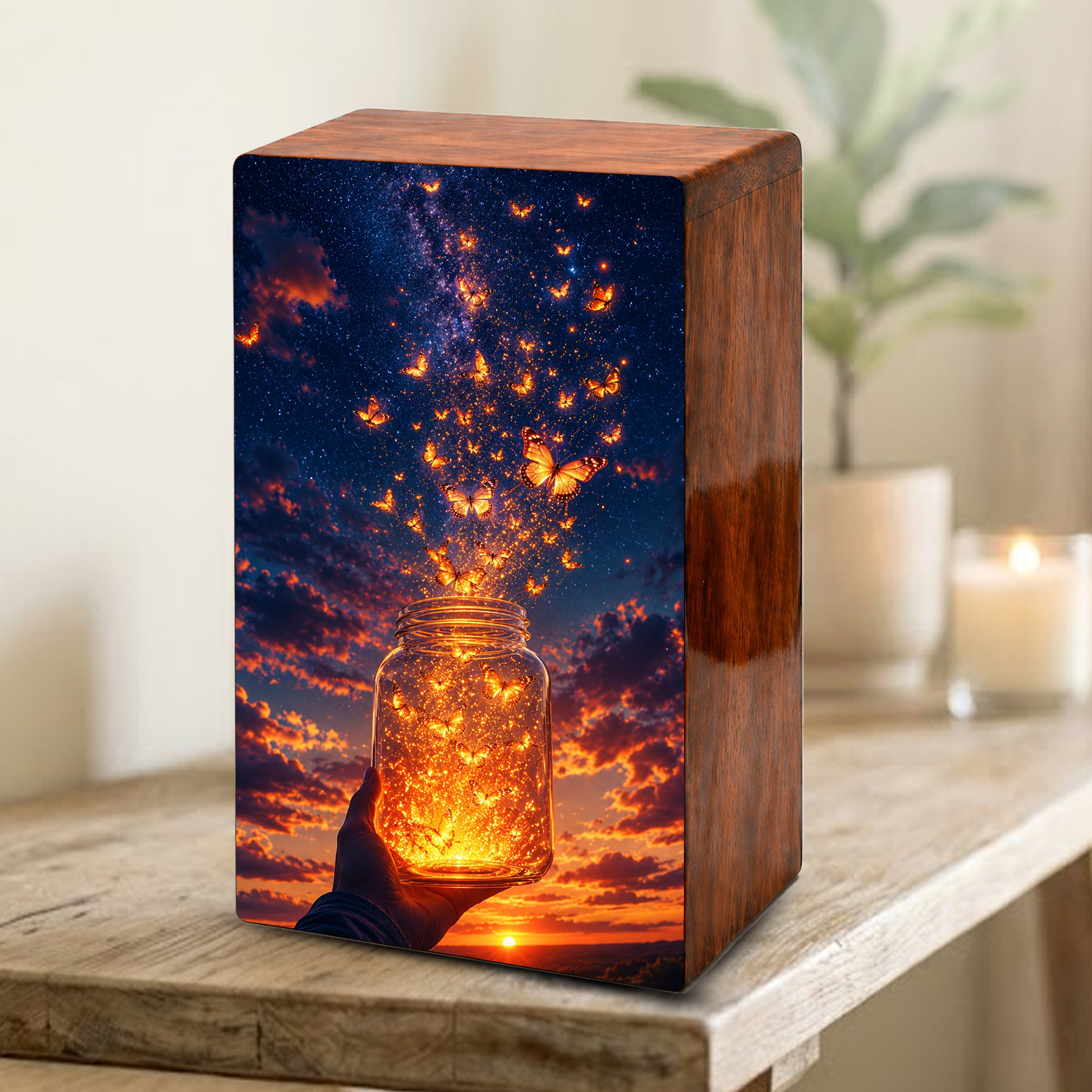 Yellow Butterfly Urn For Human Ashes - Monarch Butterflies Wooden Urns For Men and Women
