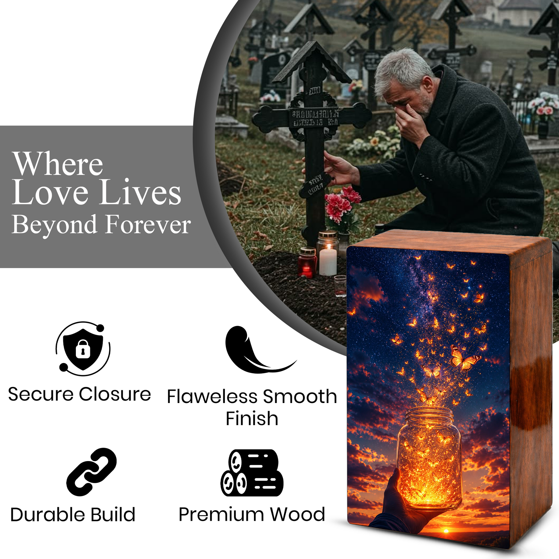 Yellow Butterfly Urn For Human Ashes - Monarch Butterflies Wooden Urns For Men and Women