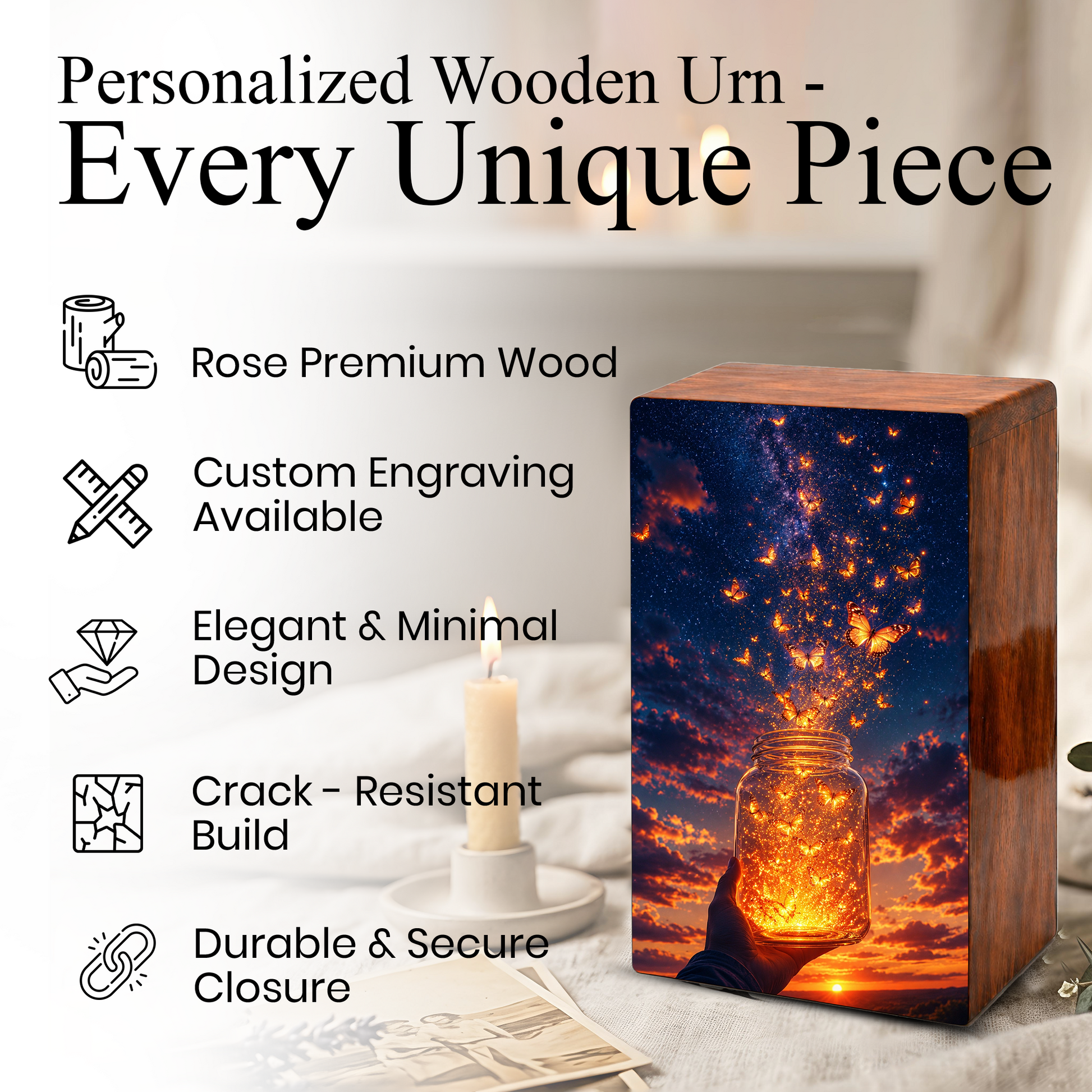 Yellow Butterfly Urn For Human Ashes - Monarch Butterflies Wooden Urns For Men and Women